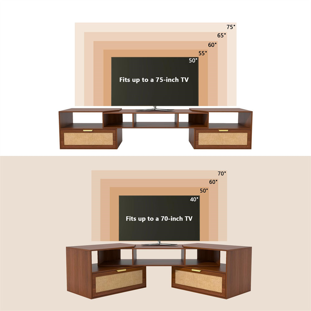 Walnut 79 Inch Boho TV Stand with 90° Rotating Cabinet Media Console for 50-70 Inch TVs