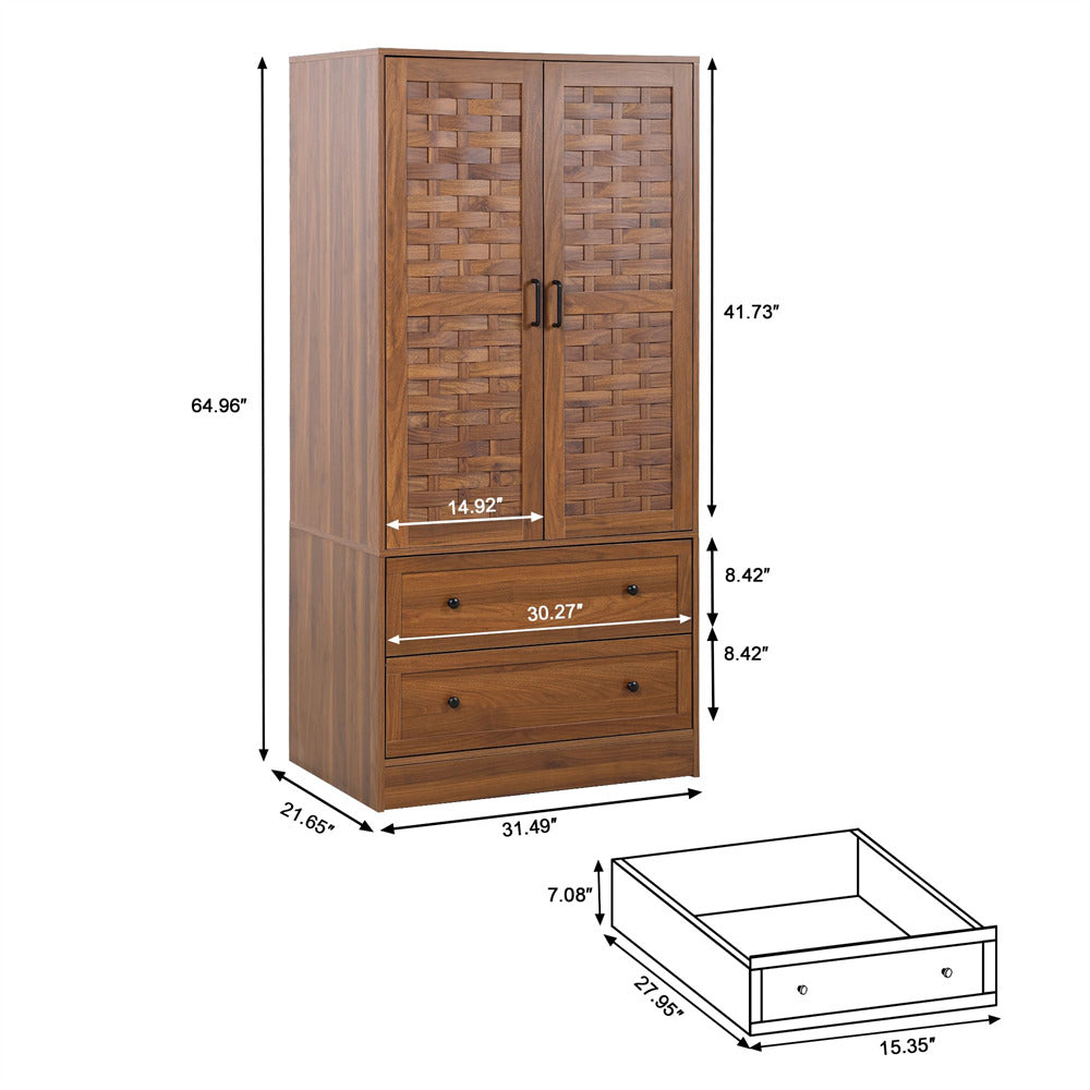 Walnut Armoire Wardrobe Closet with 2 Woven Doors