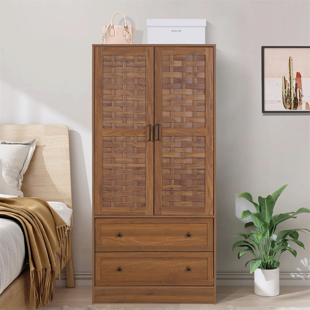 Walnut Armoire Wardrobe Closet with 2 Woven Doors