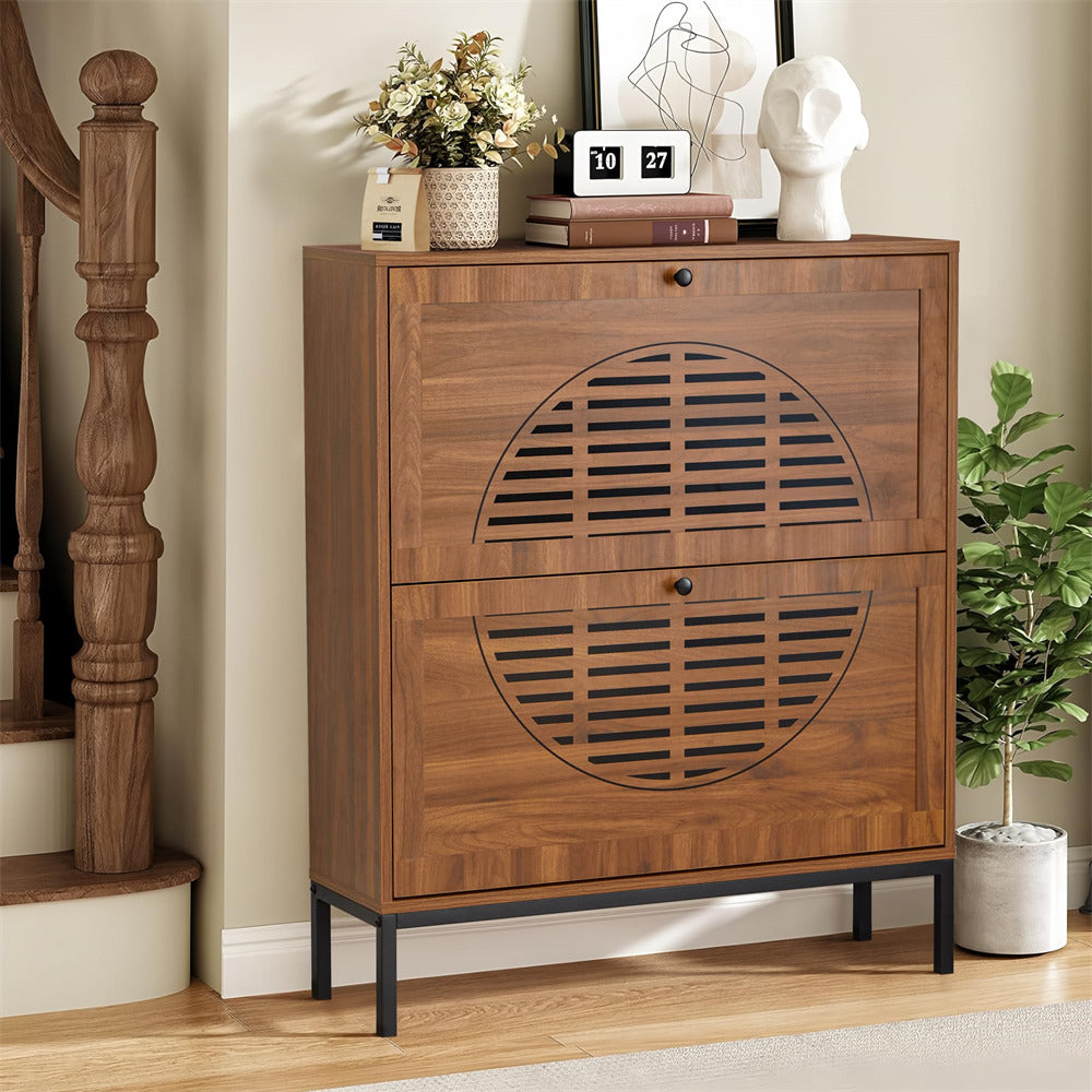 Walnut Farmhouse Wooden Shoe Cabinet with Metal Legs and 2 Flip Drawers