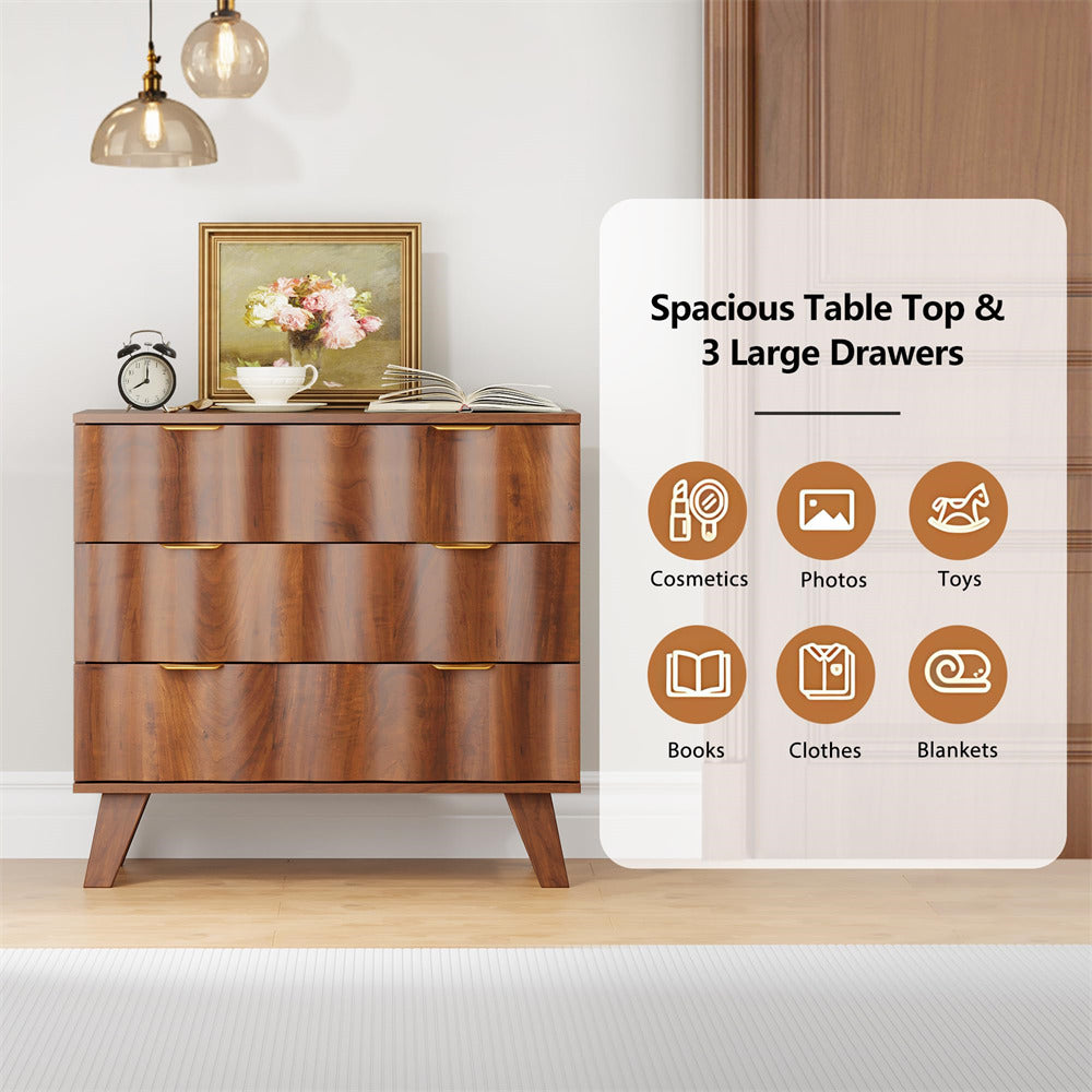 Walnut Fluted 3 Drawer Dresser Storage Accent Cabinet with Metal Handles and Wooden Legs