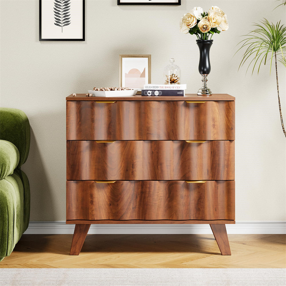 Walnut Fluted 3 Drawer Dresser Storage Accent Cabinet with Metal Handles and Wooden Legs