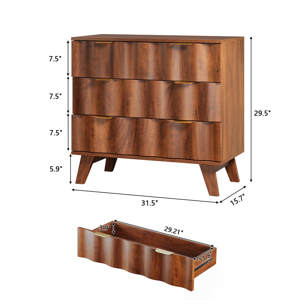 Walnut Fluted 3 Drawer Dresser Storage Accent Cabinet with Metal Handles and Wooden Legs