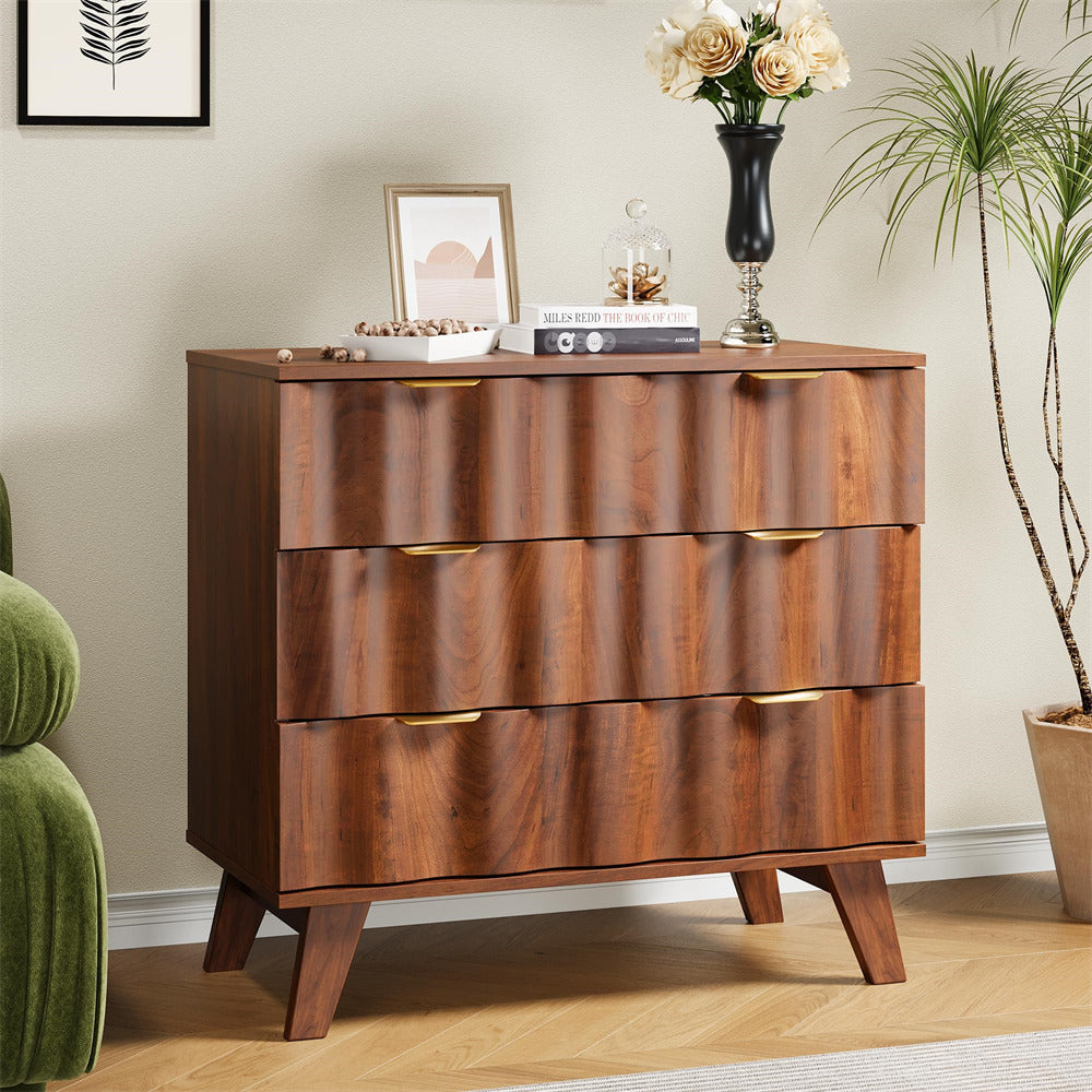 Walnut Fluted 3 Drawer Dresser Storage Accent Cabinet with Metal Handles and Wooden Legs