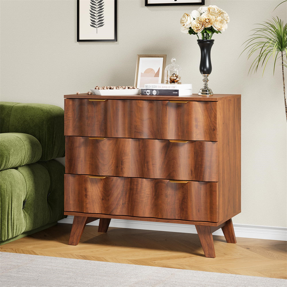 Walnut Fluted 3 Drawer Dresser Storage Accent Cabinet with Metal Handles and Wooden Legs