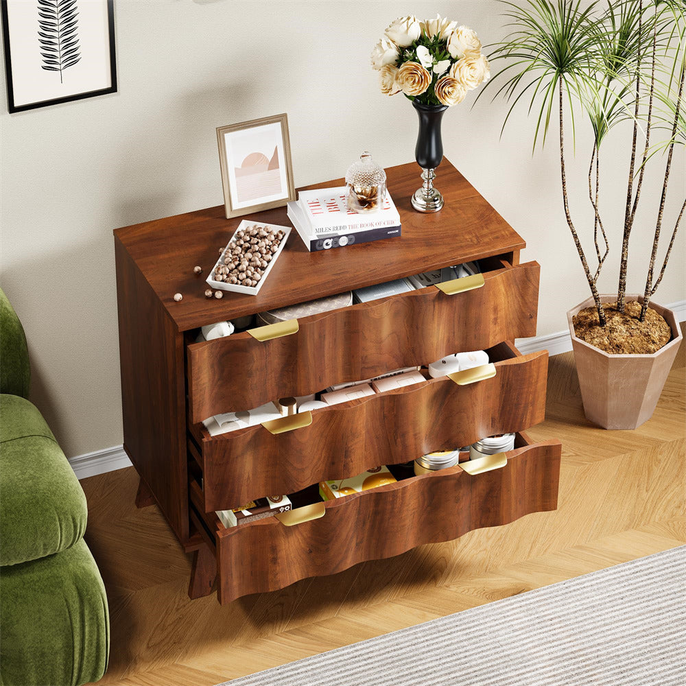 Walnut Fluted 3 Drawer Dresser Storage Accent Cabinet with Metal Handles and Wooden Legs