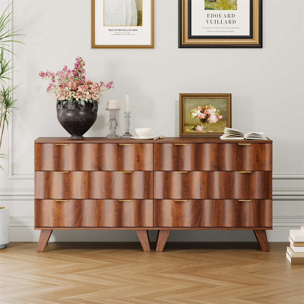 Walnut Fluted 3 Drawer Dresser Storage Accent Cabinet with Metal Handles and Wooden Legs