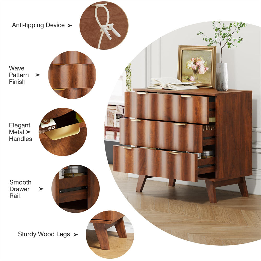 Walnut Fluted 3 Drawer Dresser Storage Accent Cabinet with Metal Handles and Wooden Legs