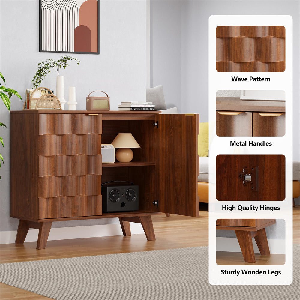 Walnut Fluted Storage Cabinet Sideboard Console Table with Adjustable Shelf and Metal Handles