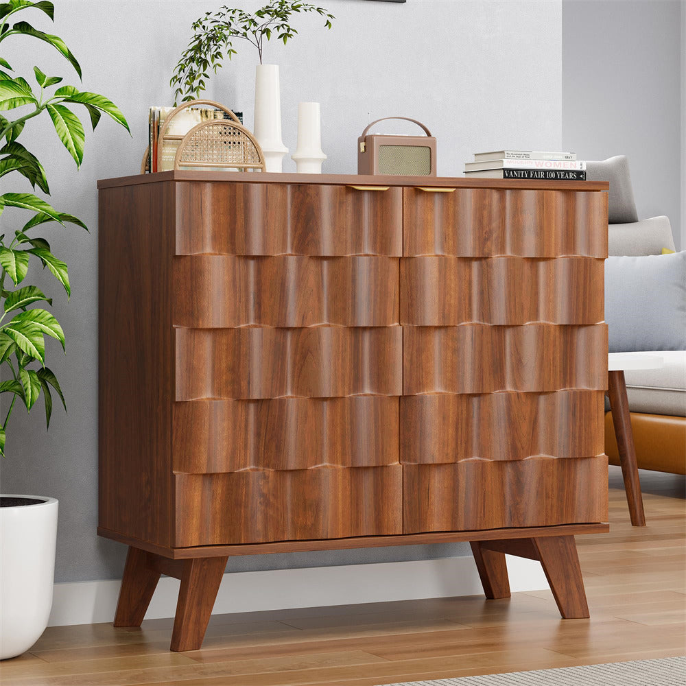 Walnut Fluted Storage Cabinet Sideboard Console Table with Adjustable Shelf and Metal Handles