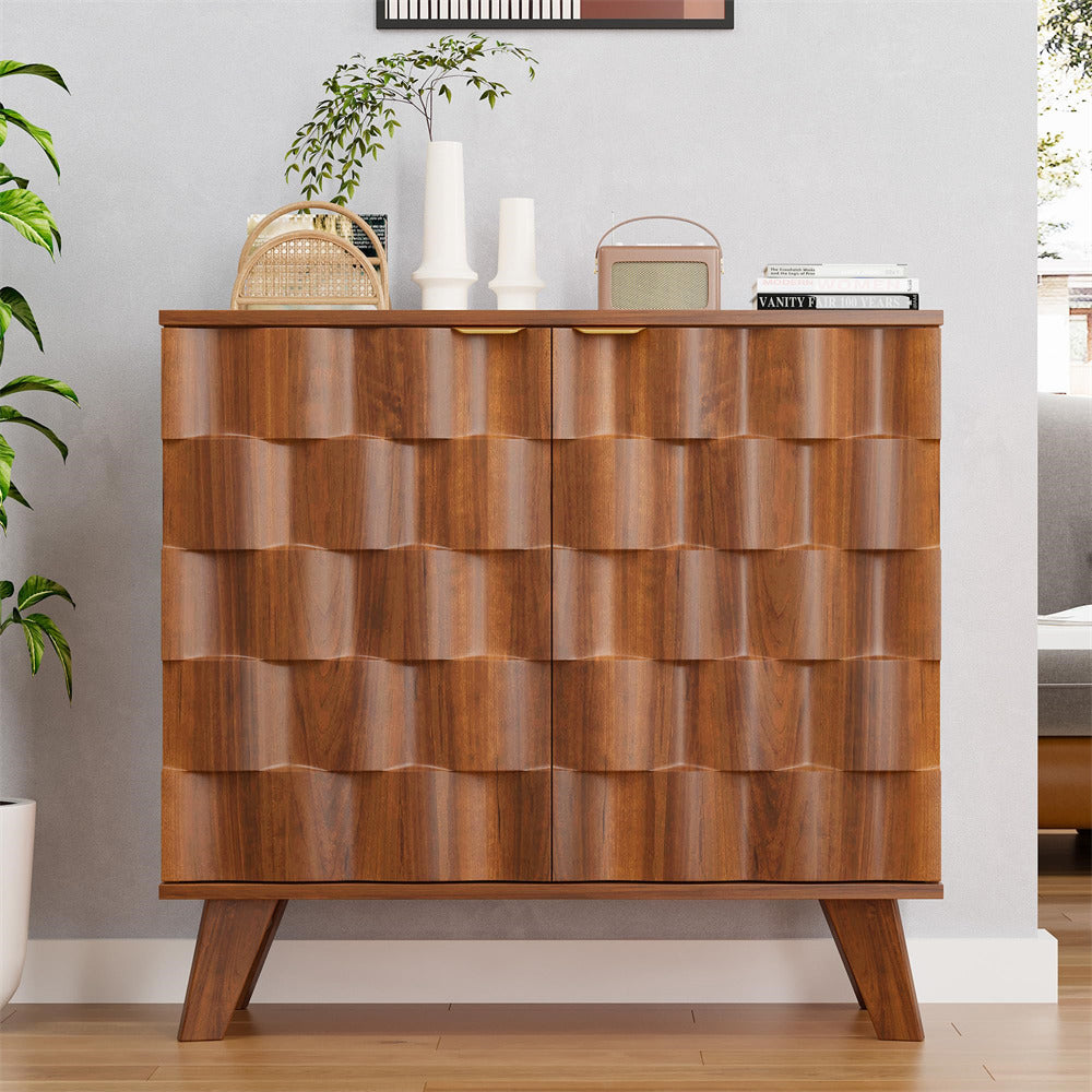 Walnut Fluted Storage Cabinet Sideboard Console Table with Adjustable Shelf and Metal Handles