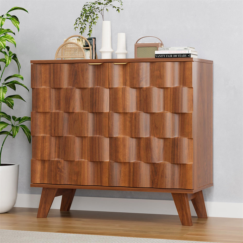 Walnut Fluted Storage Cabinet Sideboard Console Table with Adjustable Shelf and Metal Handles