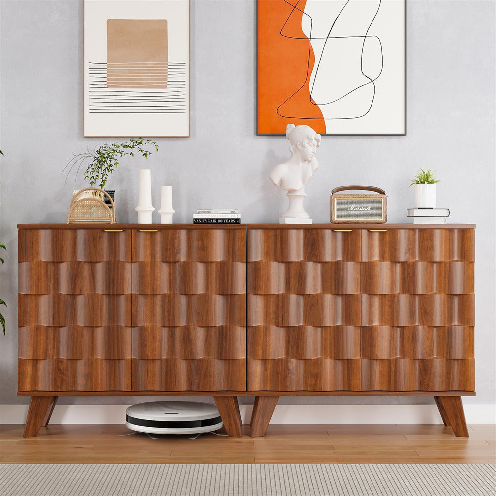 Walnut Fluted Storage Cabinet Sideboard Console Table with Adjustable Shelf and Metal Handles