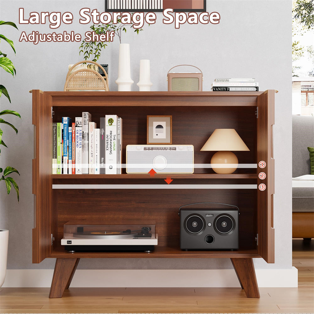 Walnut Fluted Storage Cabinet Sideboard Console Table with Adjustable Shelf and Metal Handles