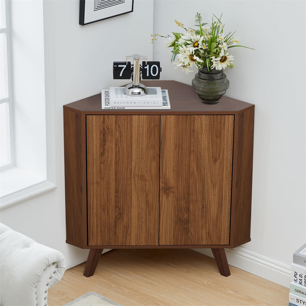 Walnut Freestanding Fluted Small Floor Corner Cabinet with Adjustable Shelve