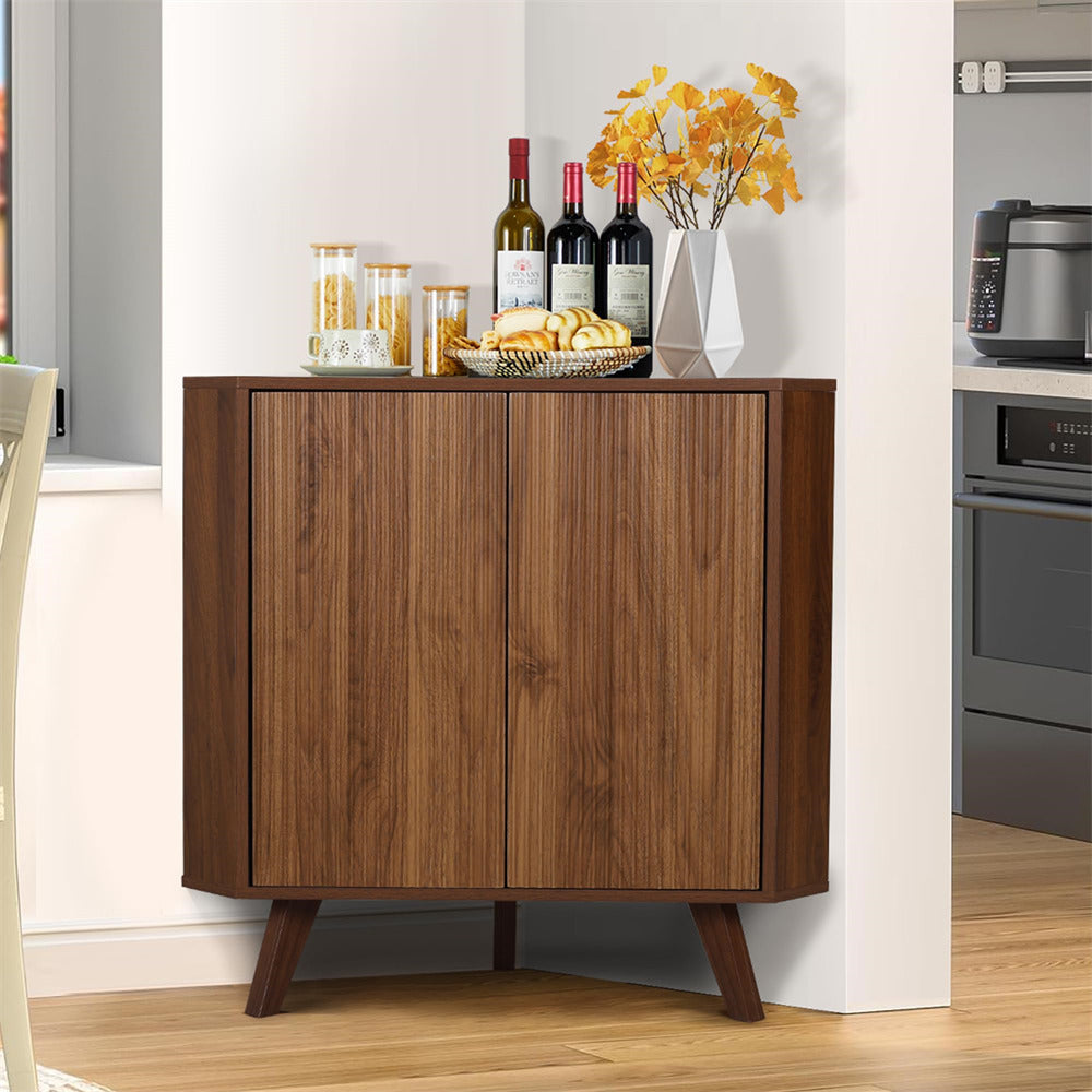 Walnut Freestanding Fluted Small Floor Corner Cabinet with Adjustable Shelve