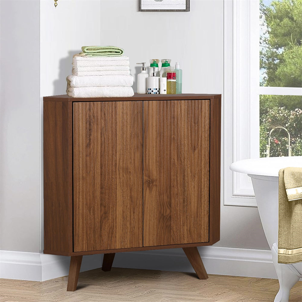 Walnut Freestanding Fluted Small Floor Corner Cabinet with Adjustable Shelve