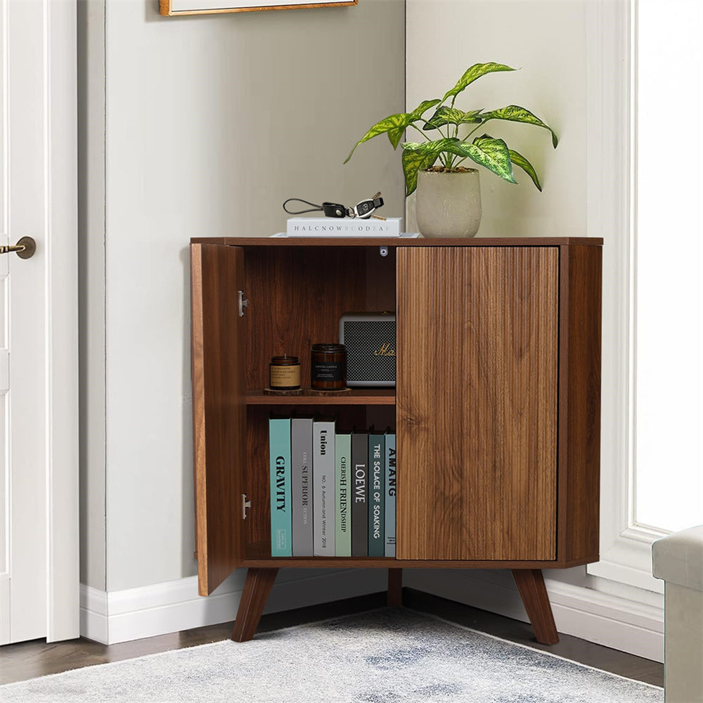 Walnut Freestanding Fluted Small Floor Corner Cabinet with Adjustable Shelve