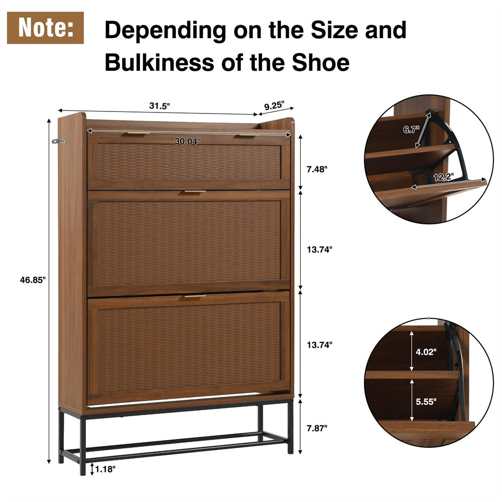 Walnut Hidden Shoe Cabinet Free Standing Narrow Shoe Rack Cabinet with 2 Flip Drawer