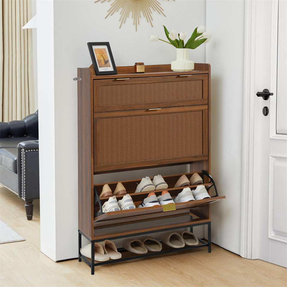 Walnut Hidden Shoe Cabinet Free Standing Narrow Shoe Rack Cabinet with 2 Flip Drawer