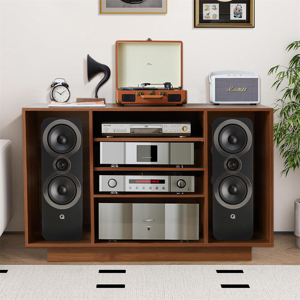 Walnut Media Console Stereo Cabinet Audio Rack with 3 Hight-Adjustable Shelves and 16 Cable Holes