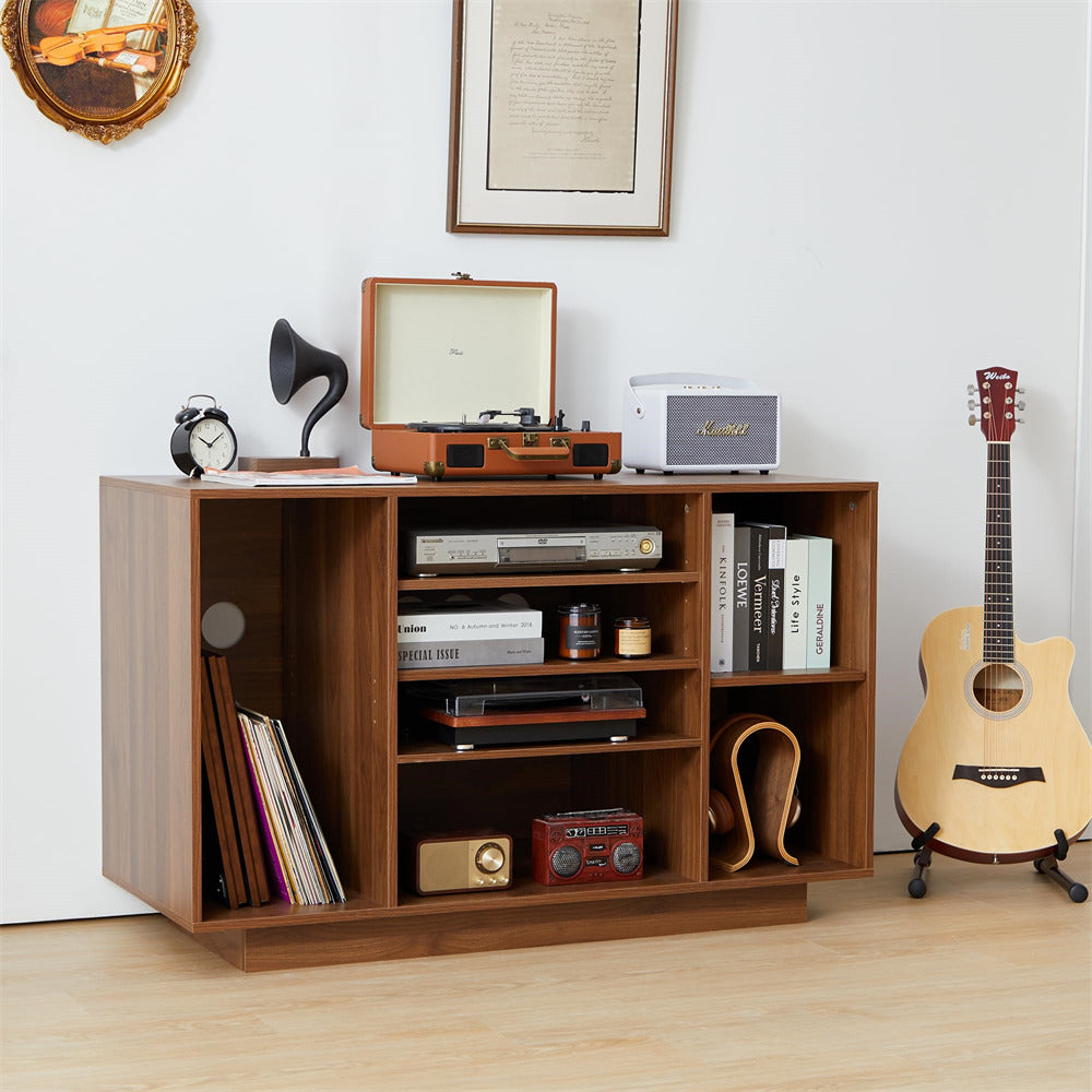 Walnut Media Console Stereo Cabinet Audio Rack with 3 Hight-Adjustable Shelves and 16 Cable Holes