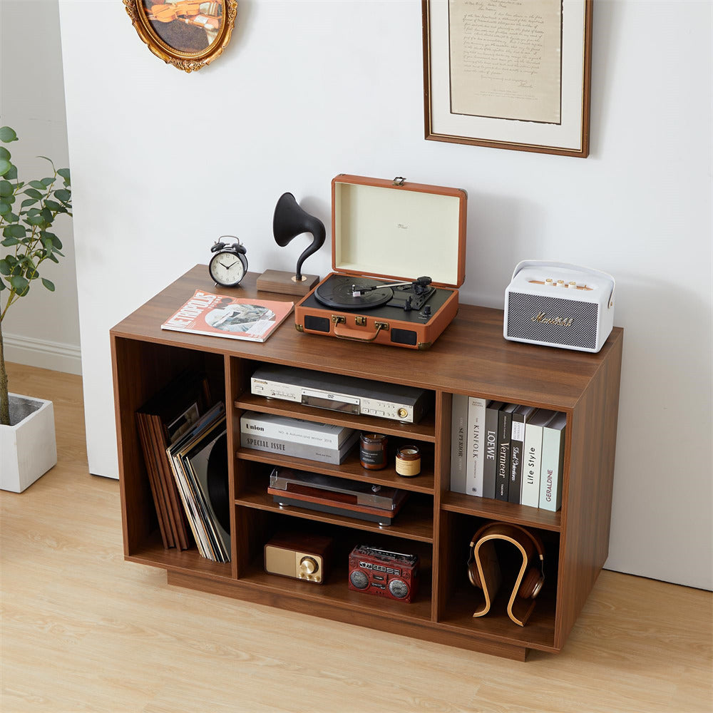 Walnut Media Console Stereo Cabinet Audio Rack with 3 Hight-Adjustable Shelves and 16 Cable Holes