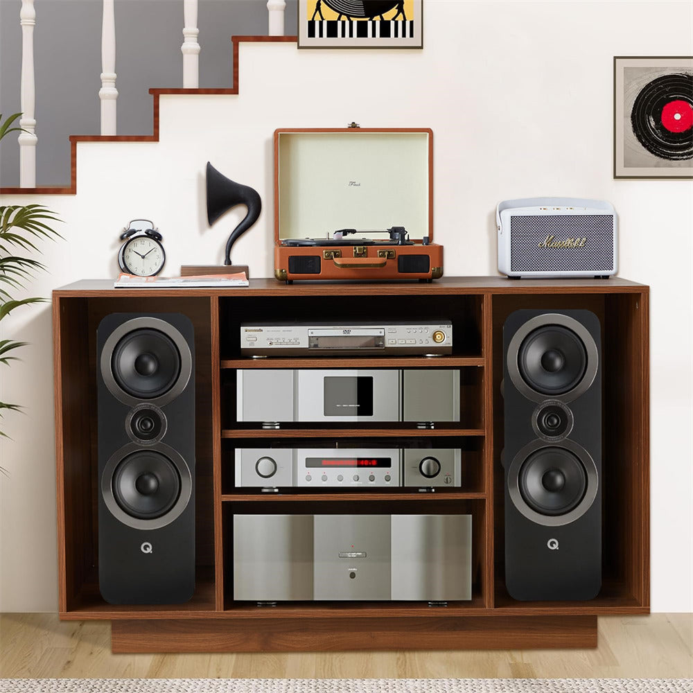 Walnut Media Console Stereo Cabinet Audio Rack with 3 Hight-Adjustable Shelves and 16 Cable Holes