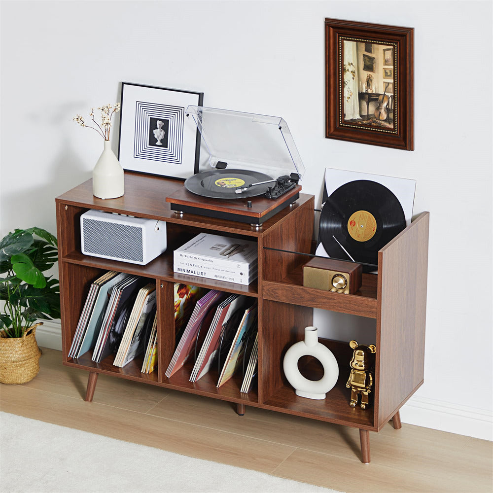 Walnut Mid Century Large Vinyl Record Display Stand Turntable Stand with Storage Space