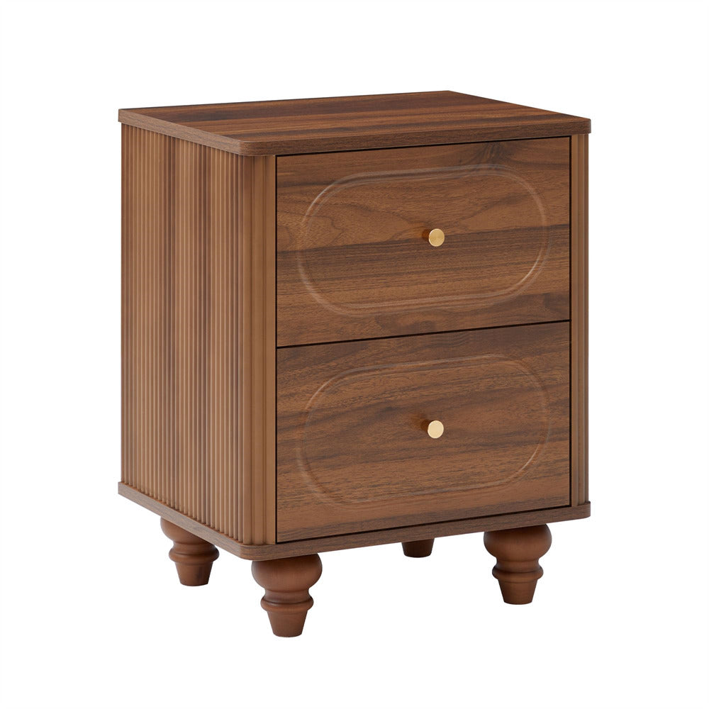 Walnut Mid Century Modern 2 Drawer Fluted Nightstand Set of 2