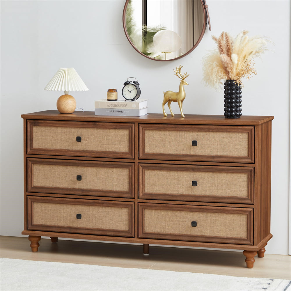 Walnut Mid Century Modern 6 Drawer Dresser Wide Wood Vintage Chest of Drawers with Burlap Rattan Drawers