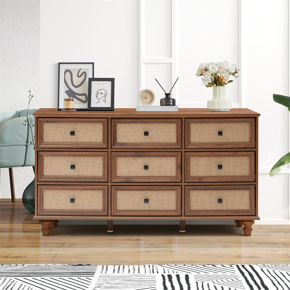 Walnut Mid Century Modern 9 Drawer Dresser Wide Wood Vintage Chest of Drawers with Burlap Rattan Drawers