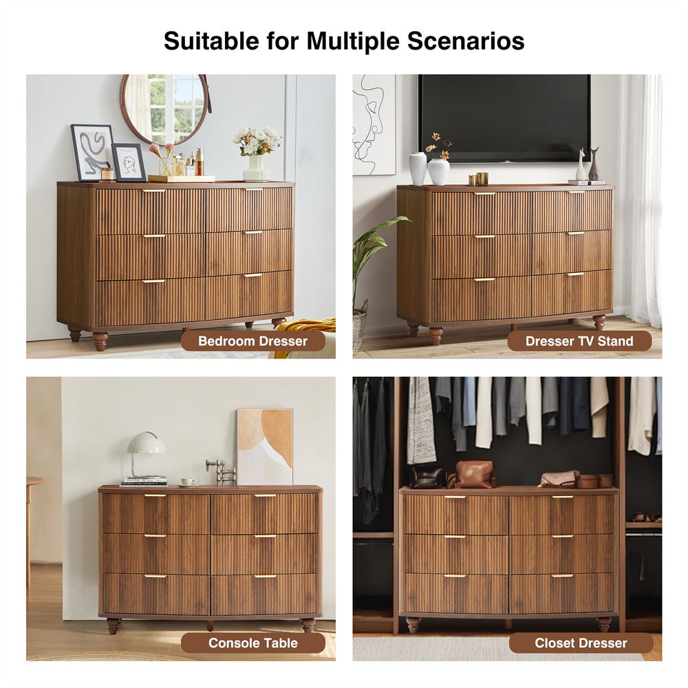 Walnut Mid Century Modern Fluted 6 Drawer Dresser Boho Storage Cabinet with Solid Wood Legs