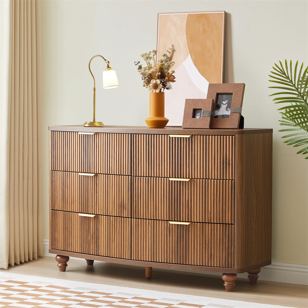 Walnut Mid Century Modern Fluted 6 Drawer Dresser Boho Storage Cabinet with Solid Wood Legs