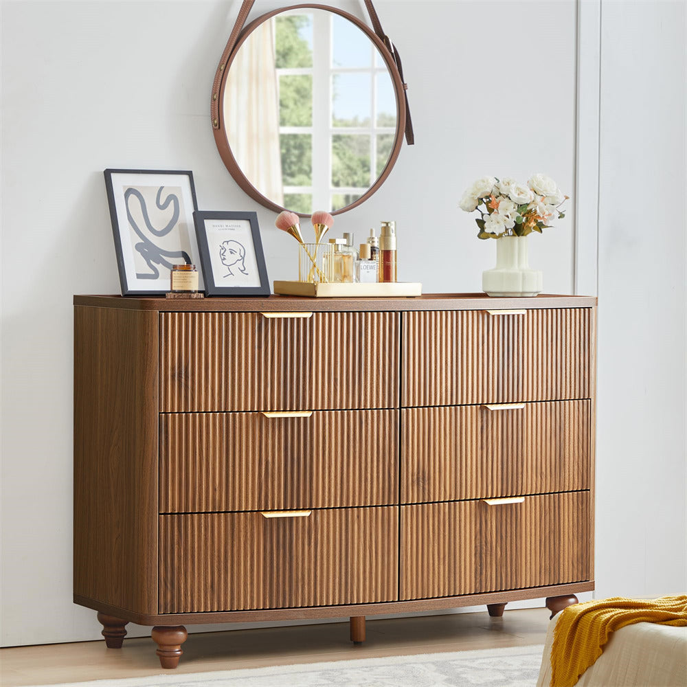 Walnut Mid Century Modern Fluted 6 Drawer Dresser Boho Storage Cabinet with Solid Wood Legs