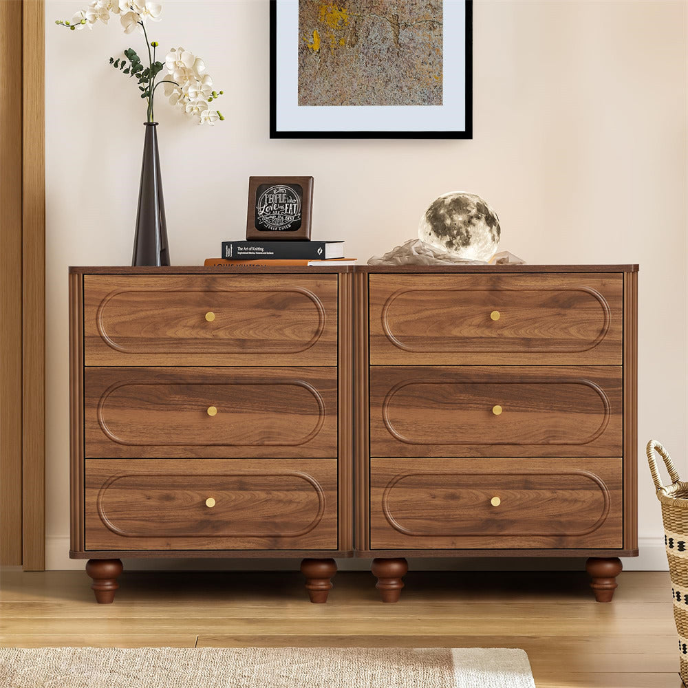 Walnut Mid Century Modern Wood Chest of Drawers 3 Drawer Fluted Dresser