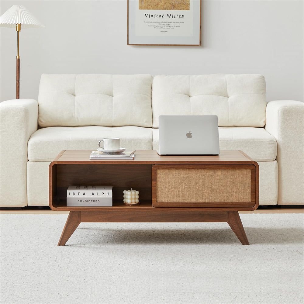 Walnut Mid Century Modern Wood Coffee Table with Sliding Linen Door Panel and Storage