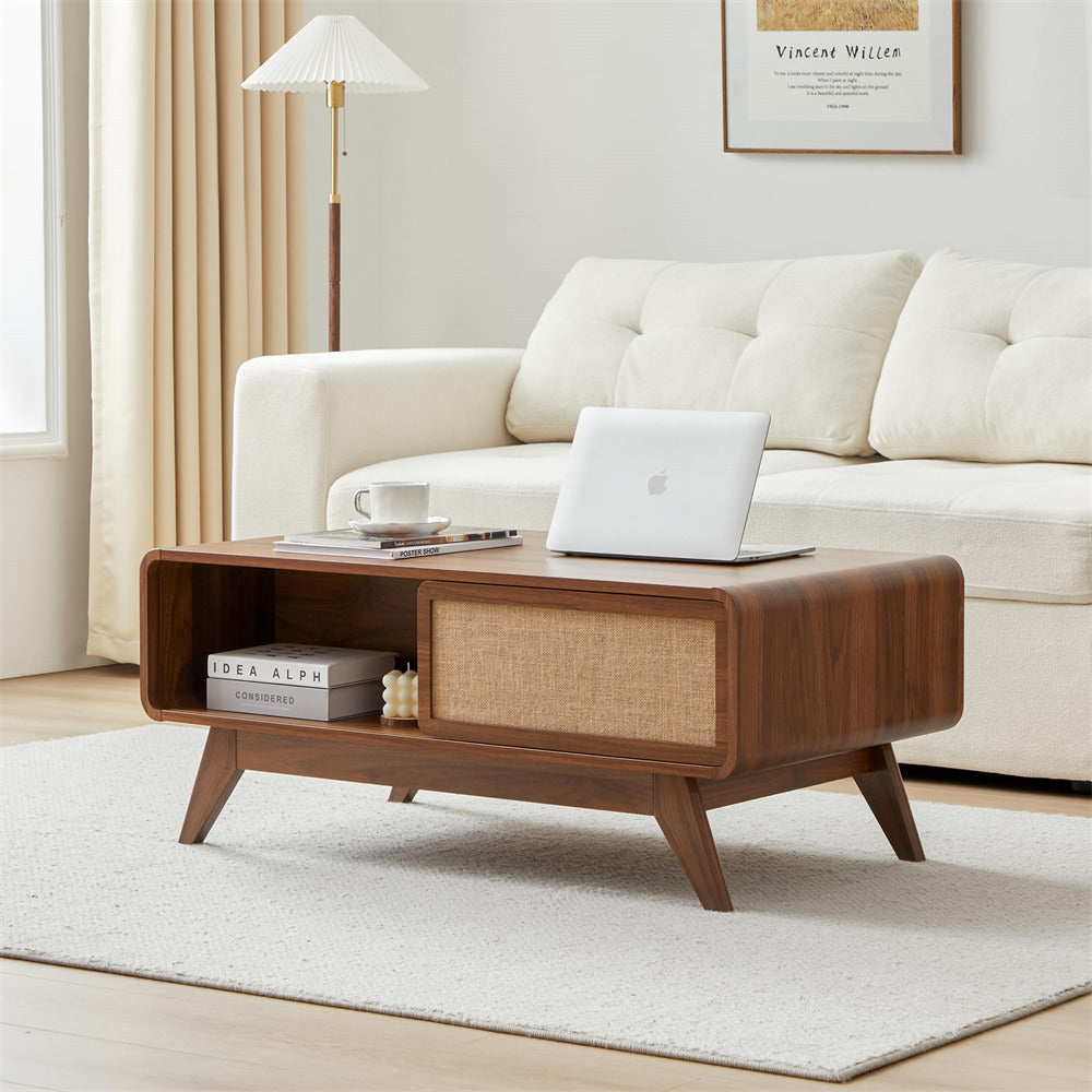 Walnut Mid Century Modern Wood Coffee Table with Sliding Linen Door Panel and Storage