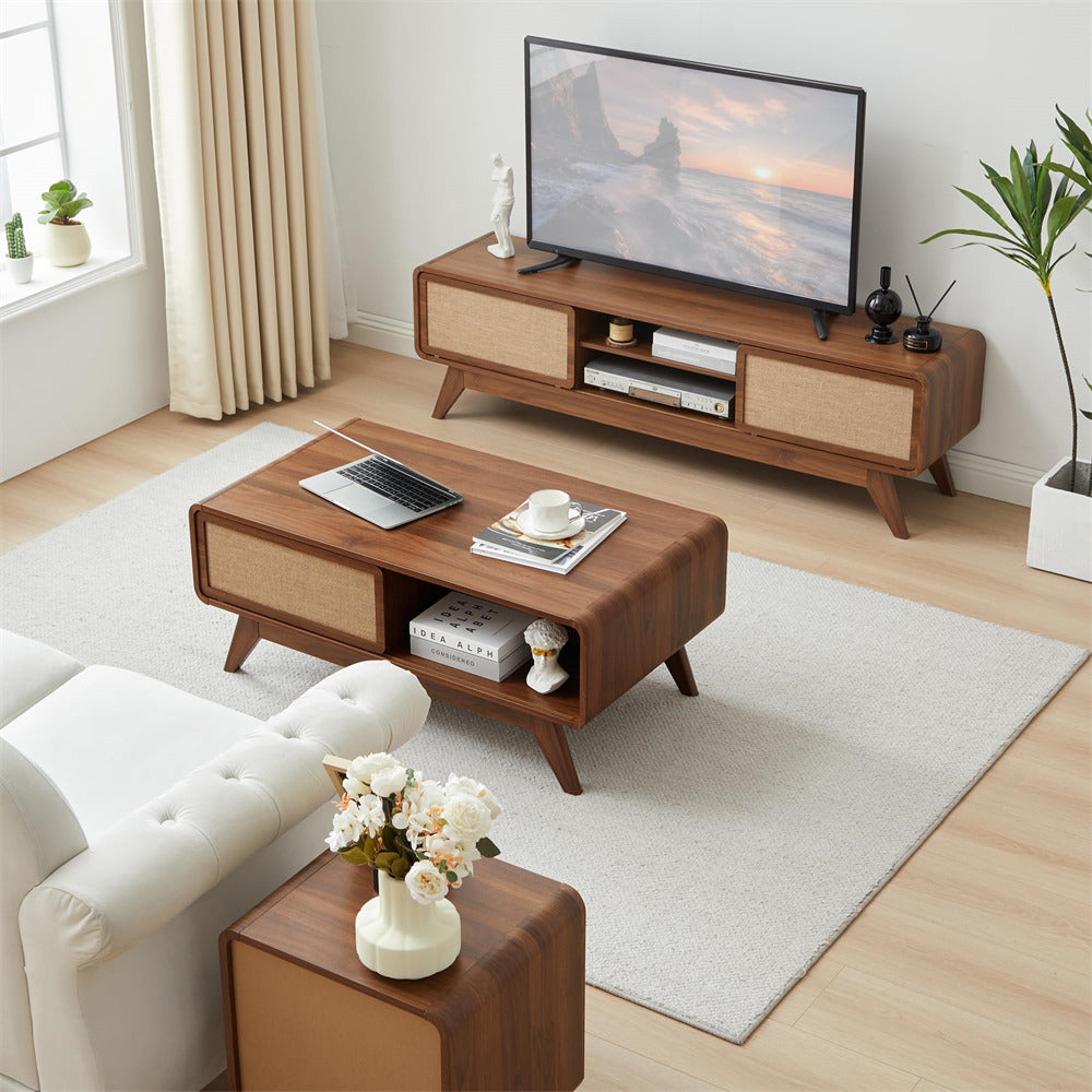 Walnut Mid Century Modern Wood Coffee Table with Sliding Linen Door Panel and Storage