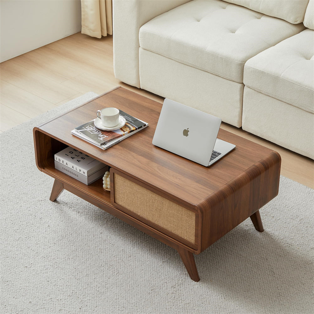 Walnut Mid Century Modern Wood Coffee Table with Sliding Linen Door Panel and Storage