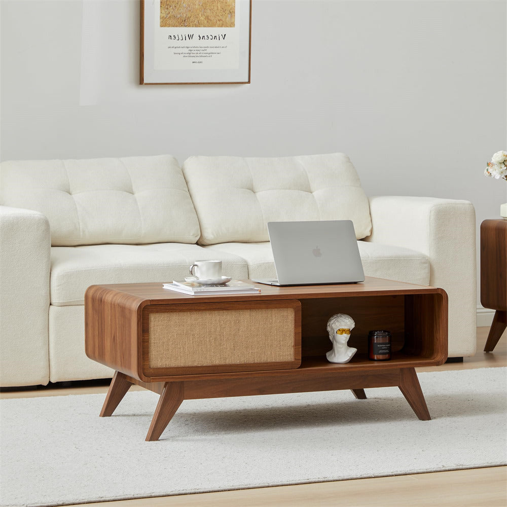 Walnut Mid Century Modern Wood Coffee Table with Sliding Linen Door Panel and Storage