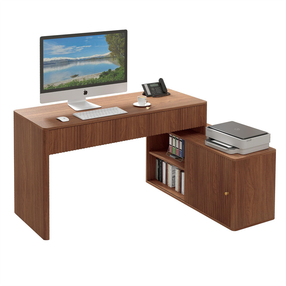 Walnut Modern Corner L Shaped Computer Desk Table Home Office Desk with Storage and Drawers