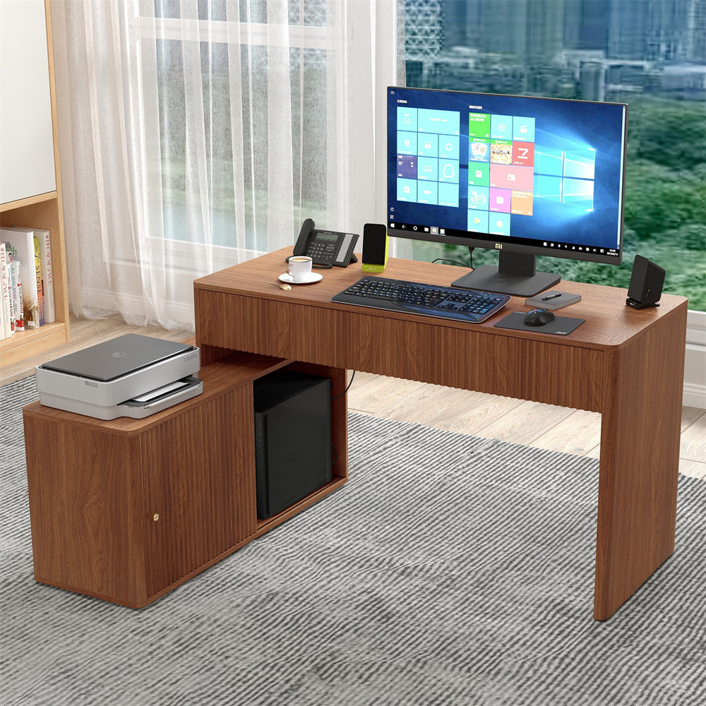 Walnut Modern Corner L Shaped Computer Desk Table Home Office Desk with Storage and Drawers