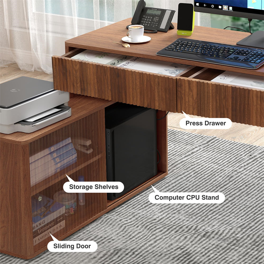 Walnut Modern Corner L Shaped Computer Desk Table Home Office Desk with Storage and Drawers