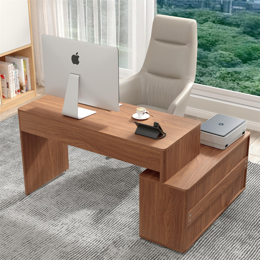 Walnut Modern Corner L Shaped Computer Desk Table Home Office Desk with Storage and Drawers