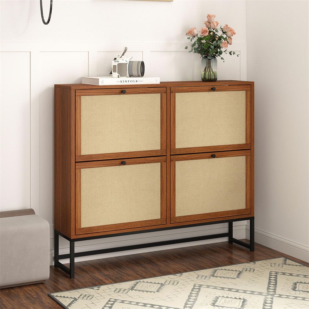 Walnut Modern Entryway Wooden Shoe Cabinet with 4 Door 2-Tier Flip Drawers