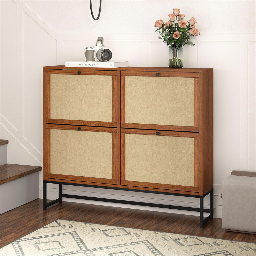 Walnut Modern Entryway Wooden Shoe Cabinet with 4 Door 2-Tier Flip Drawers