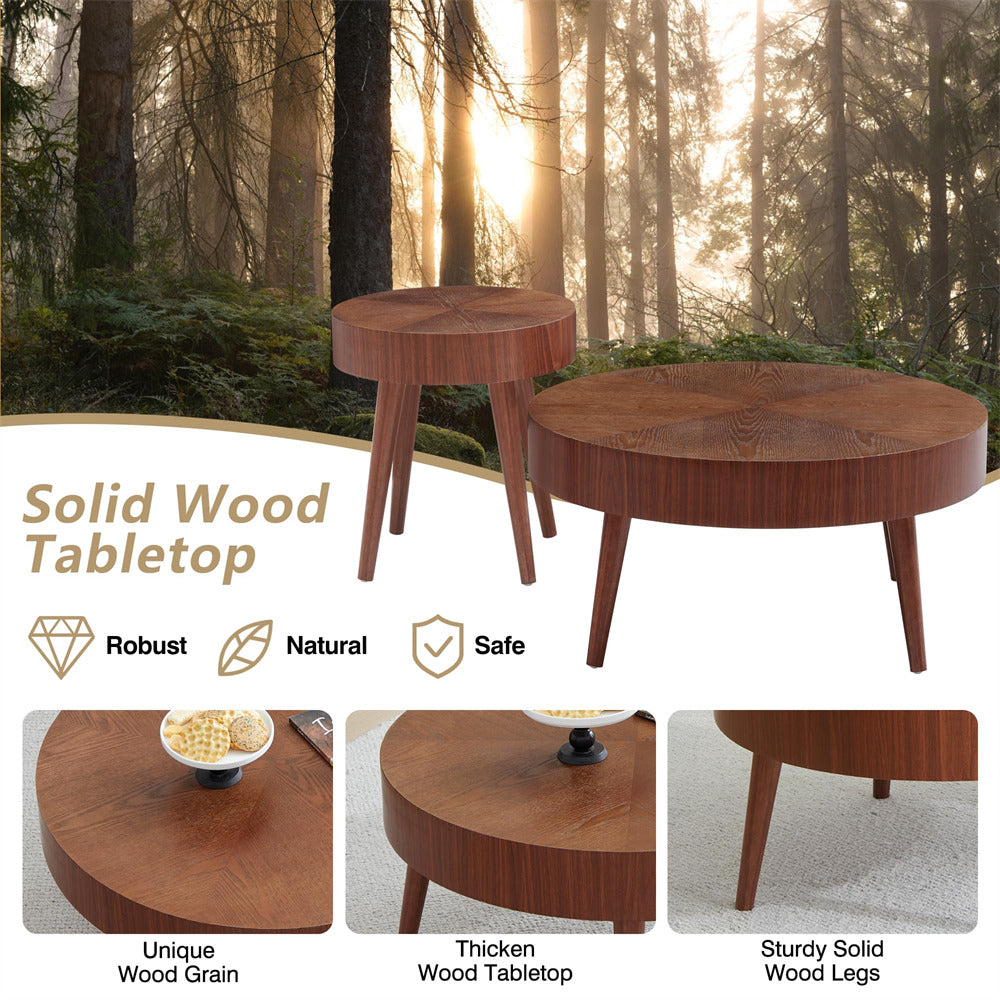 Walnut Modern Farmhouse Wooden Round Coffee Table End Table 2-piece Set