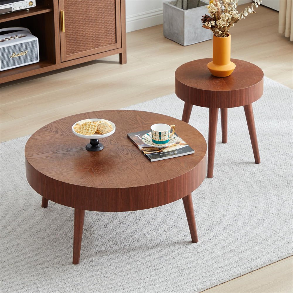 Walnut Modern Farmhouse Wooden Round Coffee Table End Table 2-piece Set