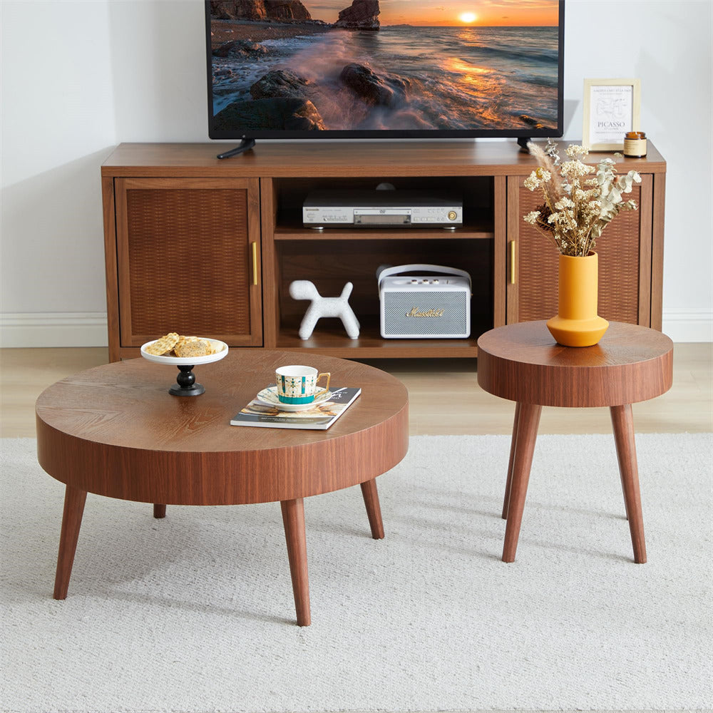 Walnut Modern Farmhouse Wooden Round Coffee Table End Table 2-piece Set